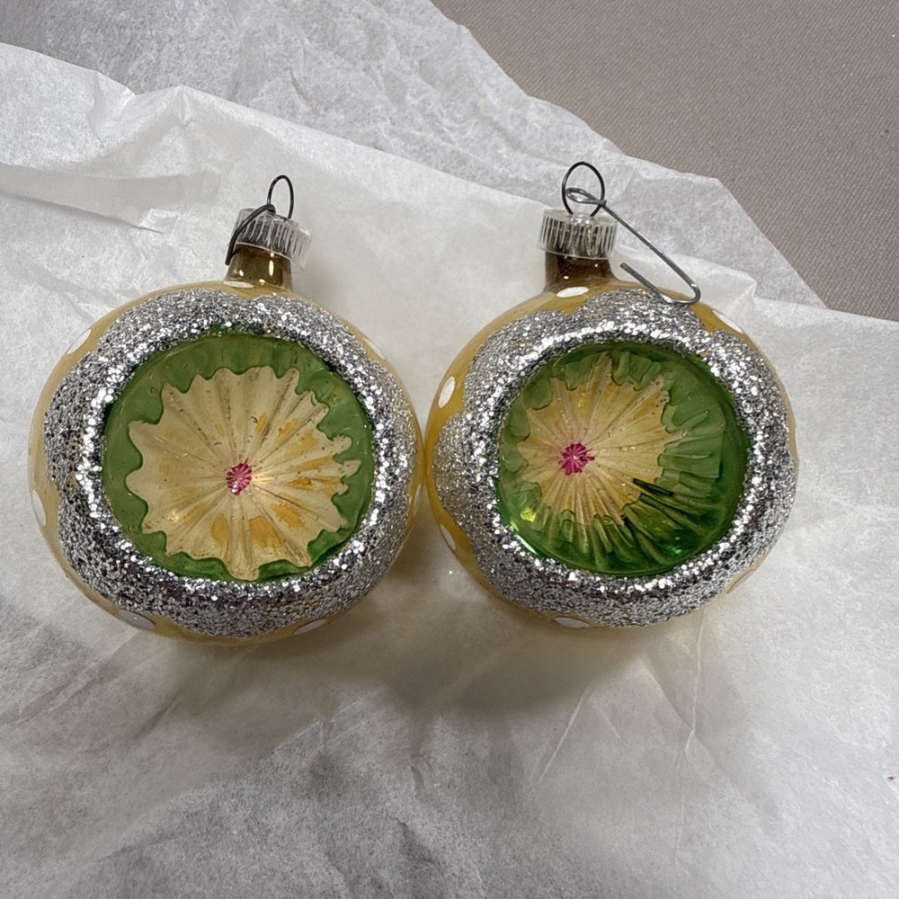 2 Sears Imperial Collection GlassChristmas Ornaments Gold Yellow Indents Vtg